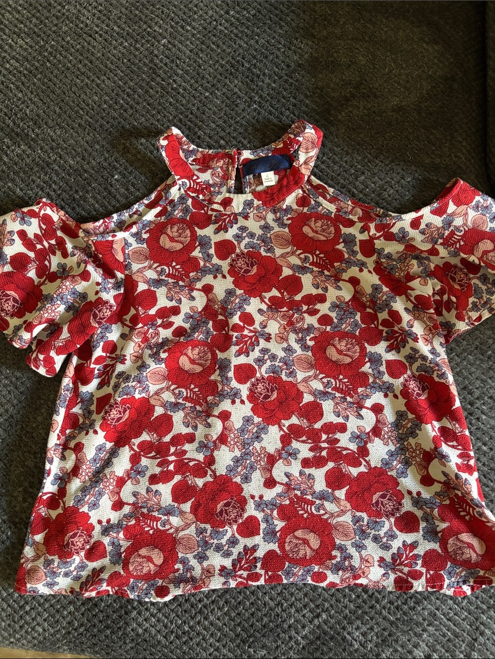 Blue Rain Red Floral Cold-Shoulder Top